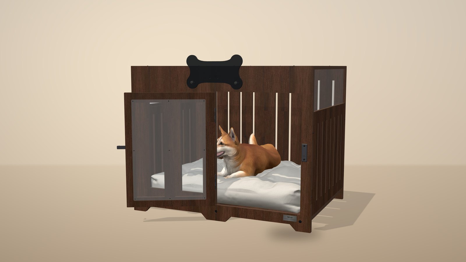 3D model of a walnut WLO Pueblo with a small dog lying inside, door open