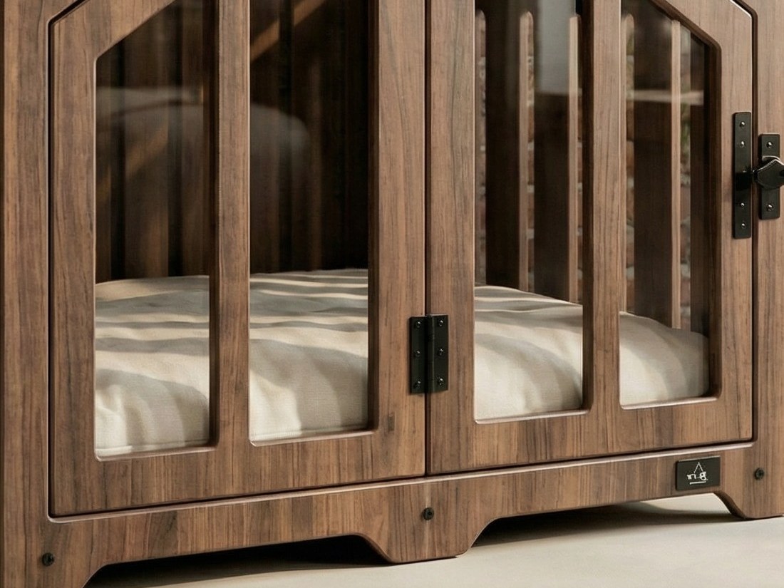 Walnut WLO Gabled door with acrylic panes, metal hinges and drop latch