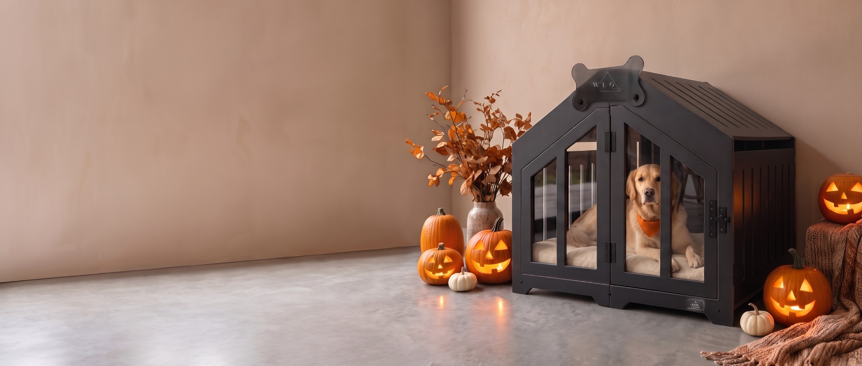 Onyx Black Gabled dog crate in a Halloween living room, a dog inside