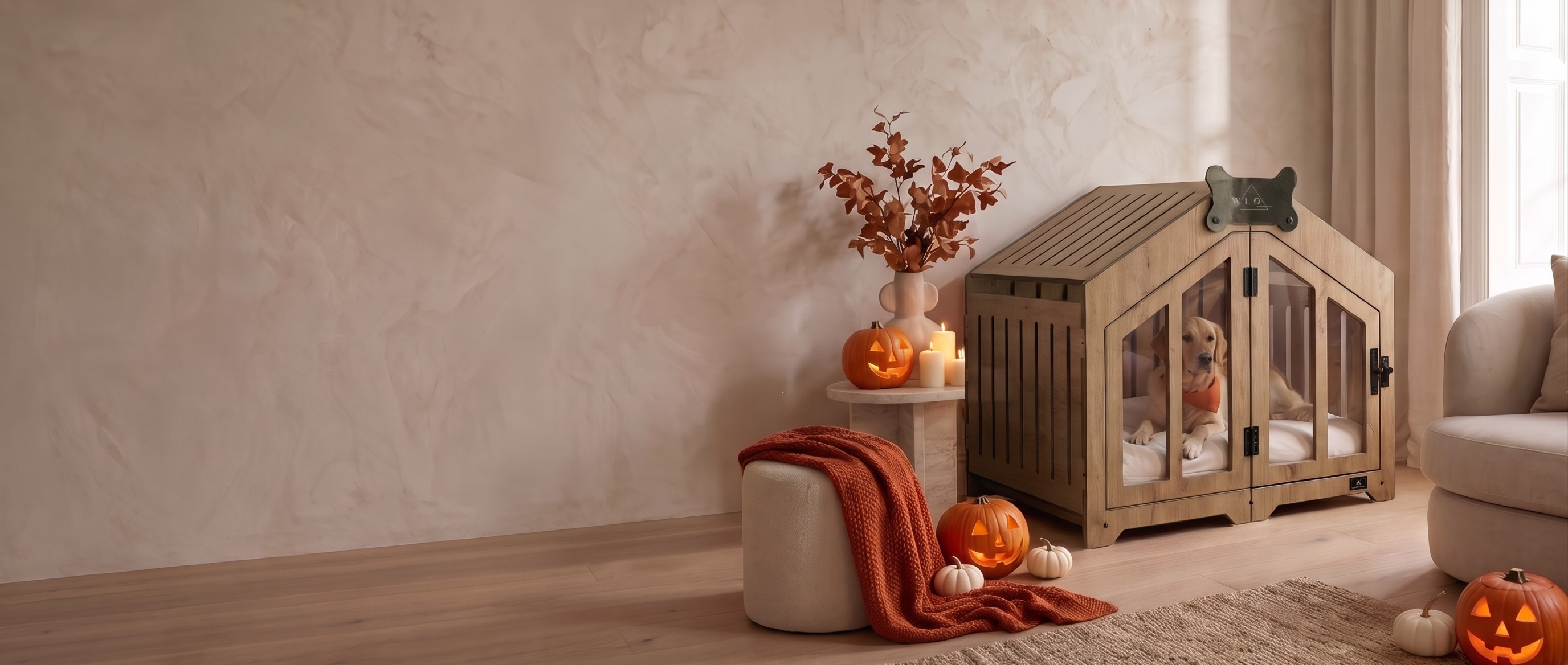 Natural Oak Gabled dog crate in a Halloween living room, a dog inside