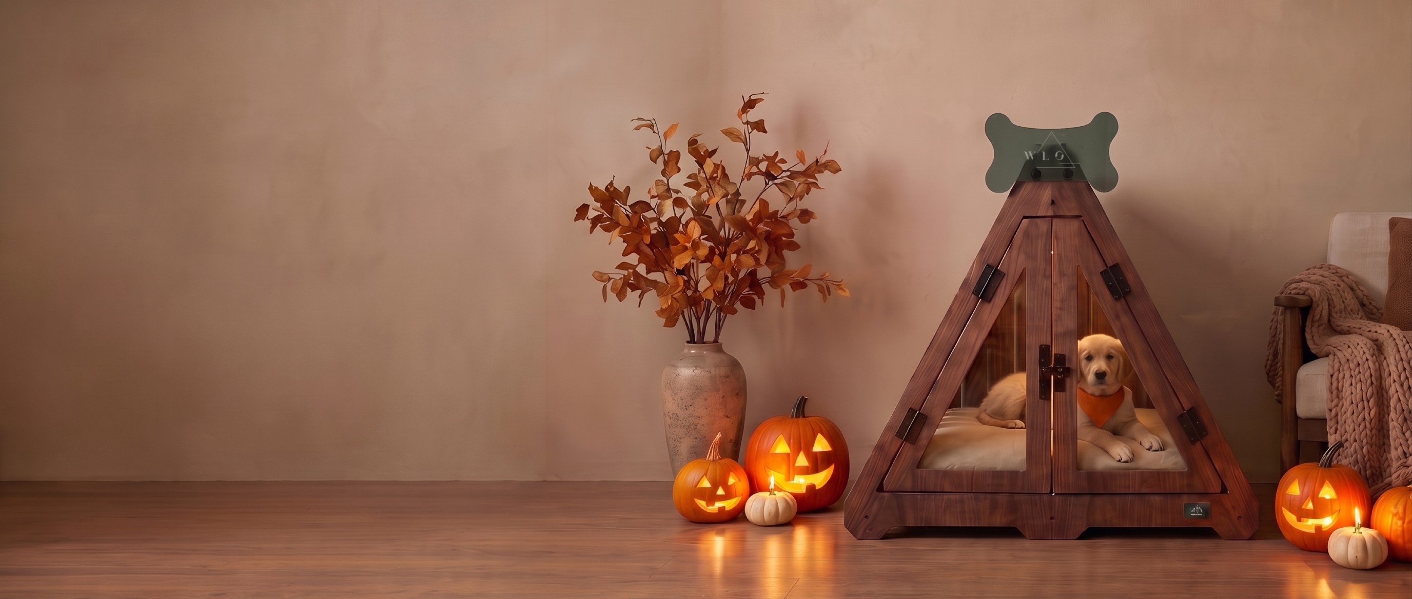 Classic Walnut Lakota dog crate in a Halloween living room, a dog inside