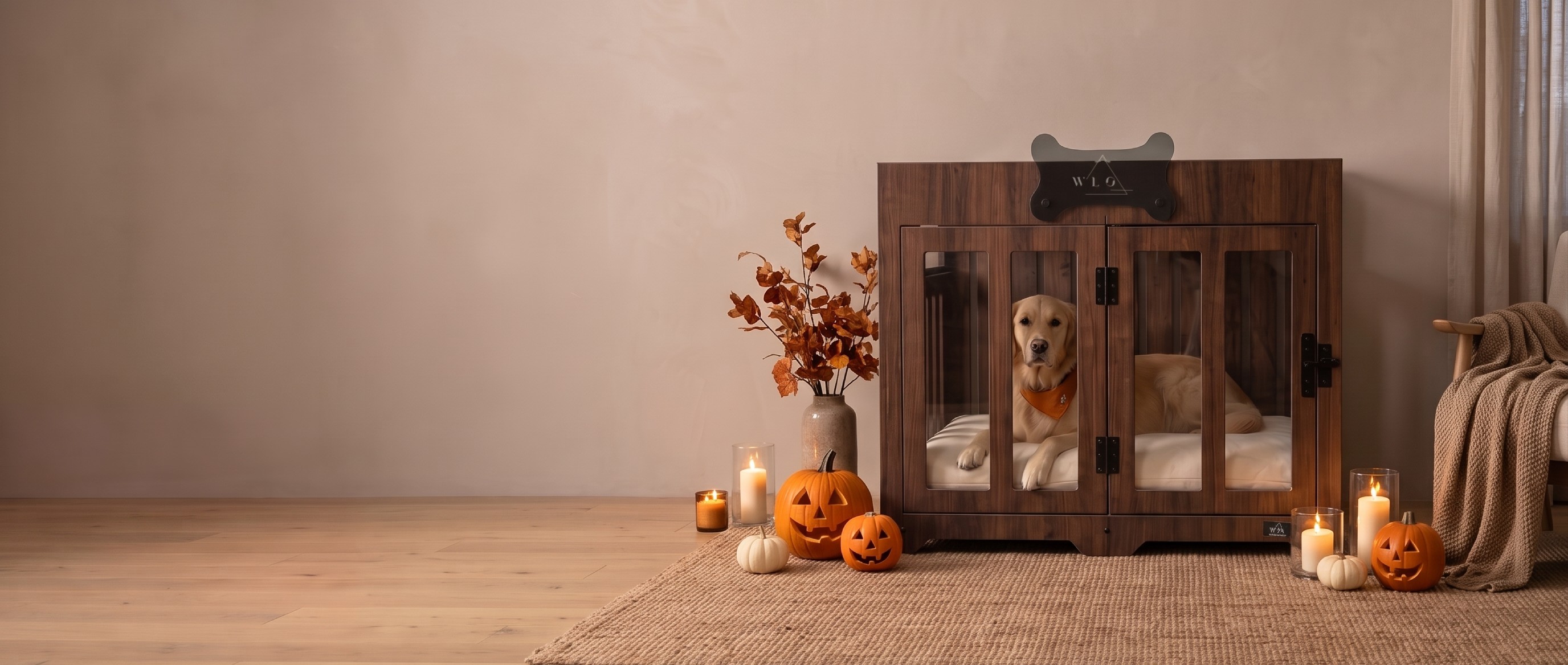 Classic walnut Pueblo in a Halloween living room, a dog asleep inside
