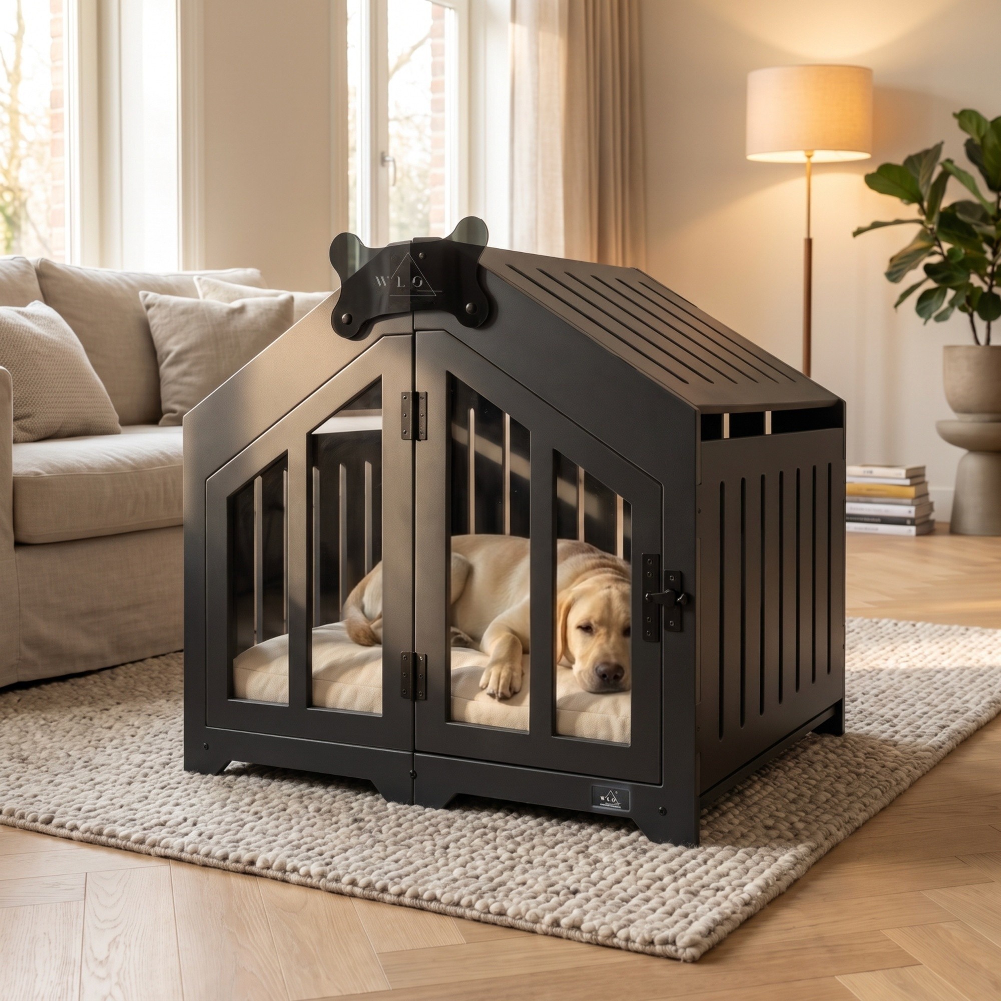 Onyx Black Gabled furniture dog crate, front view