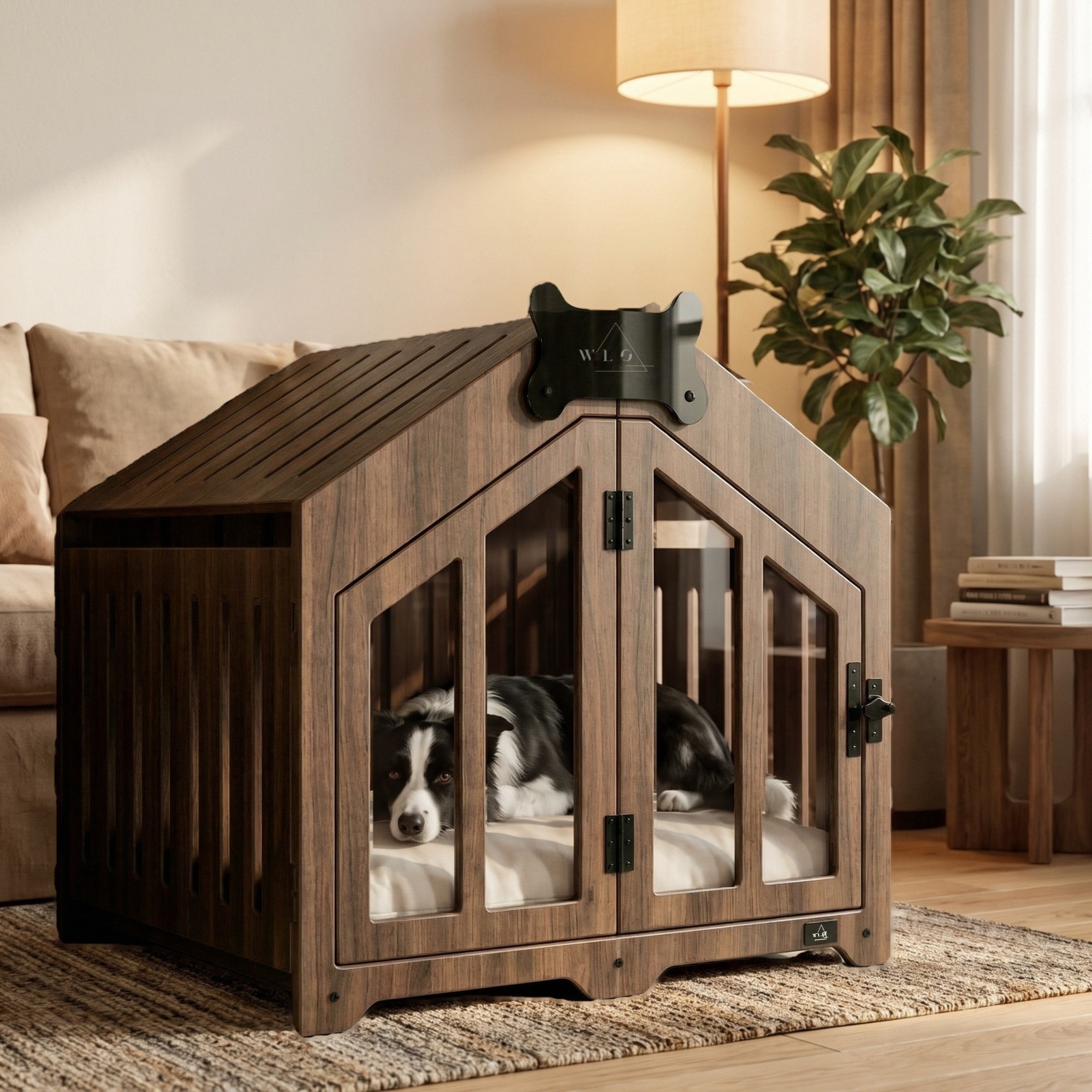 Classic Walnut Gabled furniture dog crate, front view