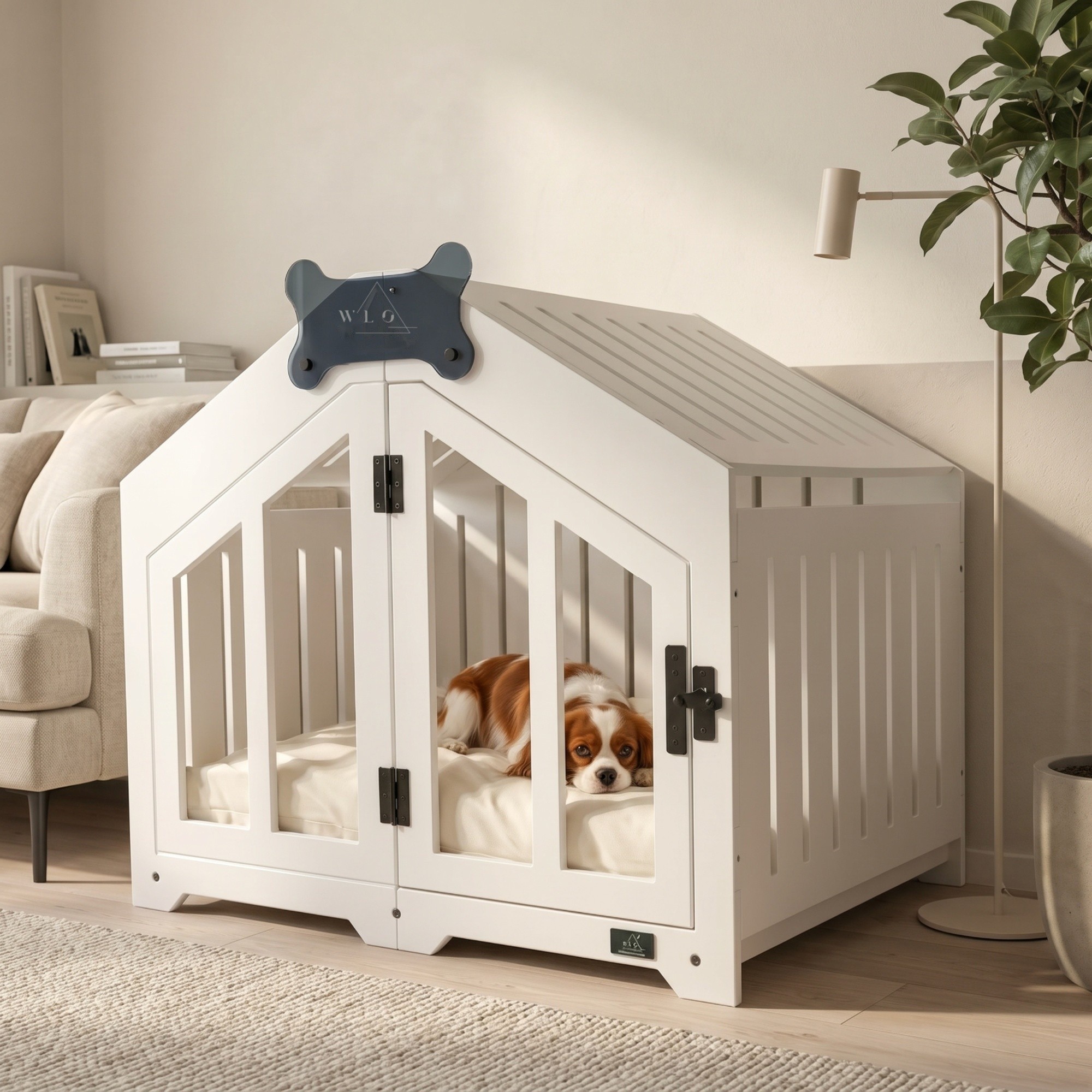 Pure White Gabled furniture dog crate, front view