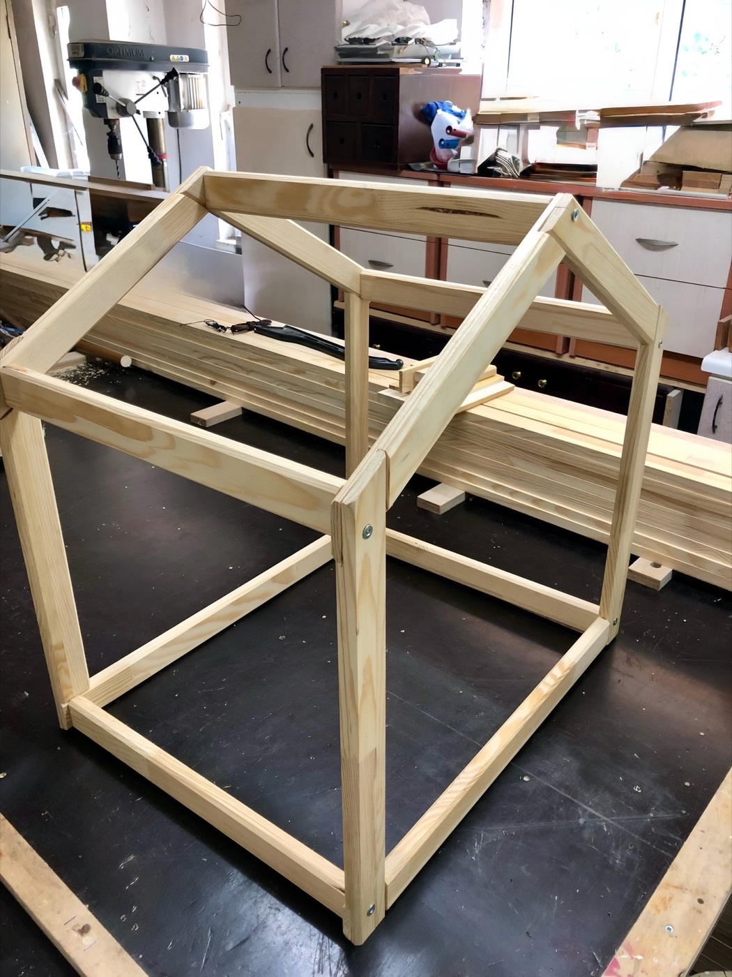 The first prototype frames on the workshop bench, 2019