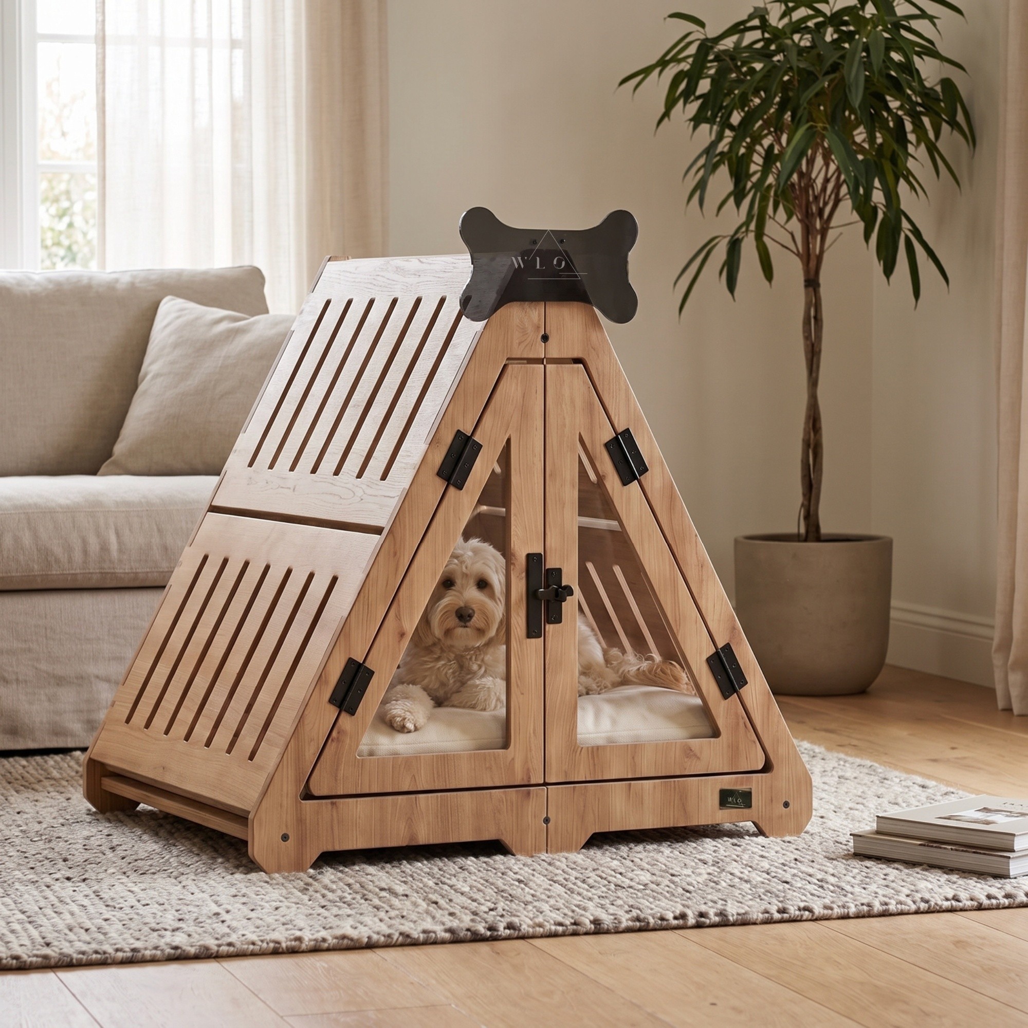Natural Oak Lakota furniture dog crate, front view