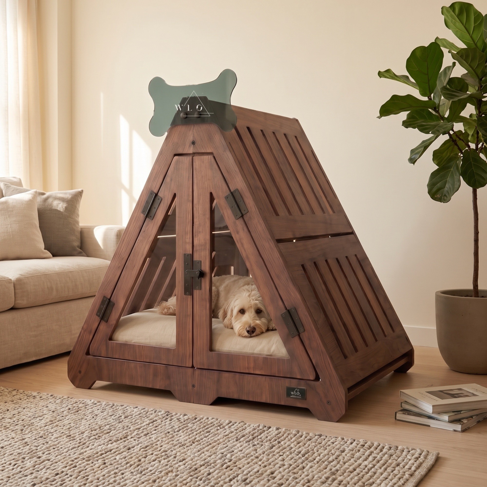 Classic Walnut Lakota furniture dog crate, front view