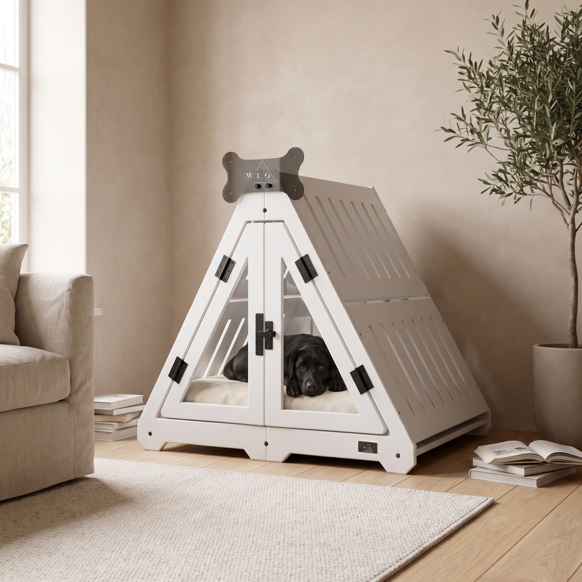 Pure White Lakota furniture dog crate, front view