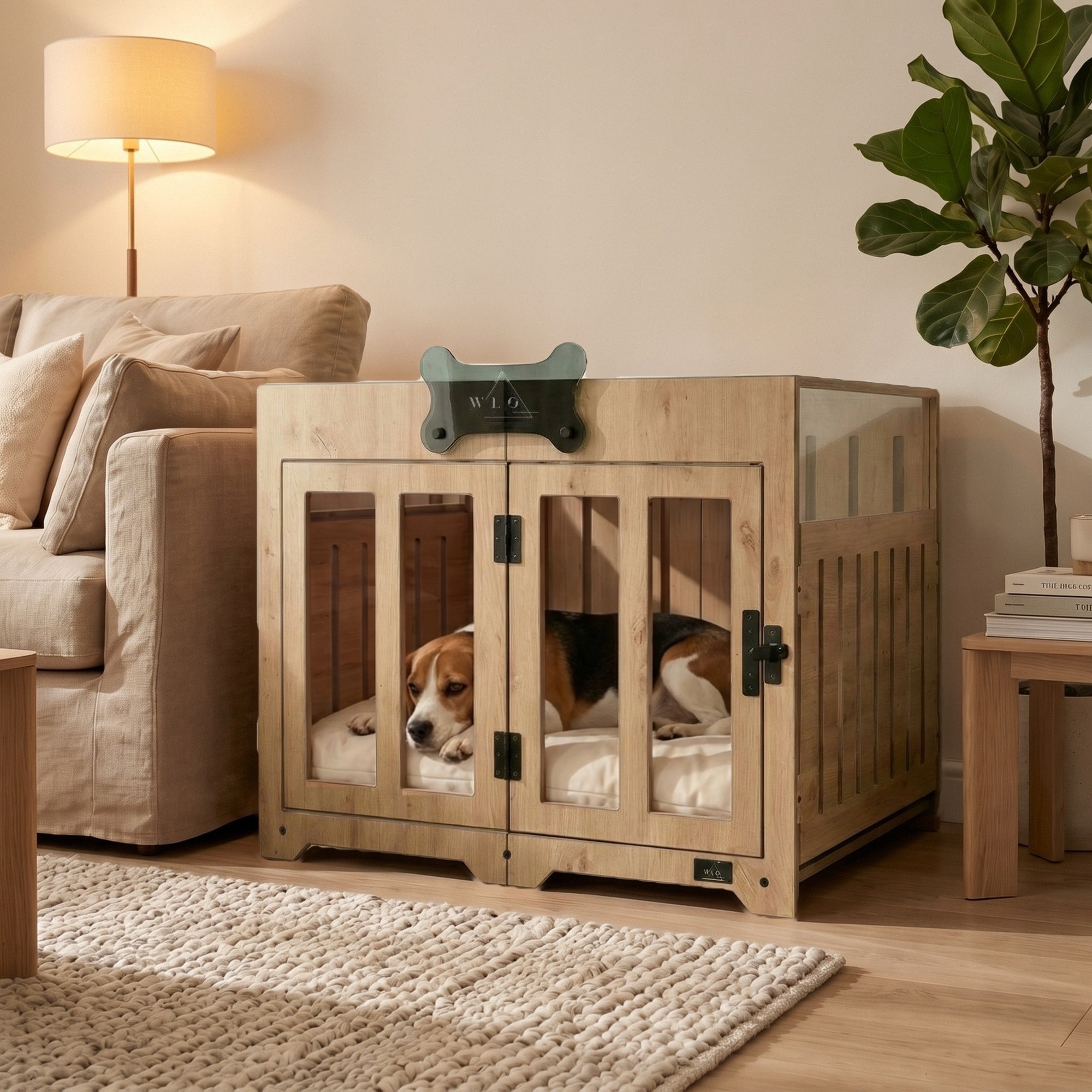 Natural Oak Pueblo furniture dog crate, front view