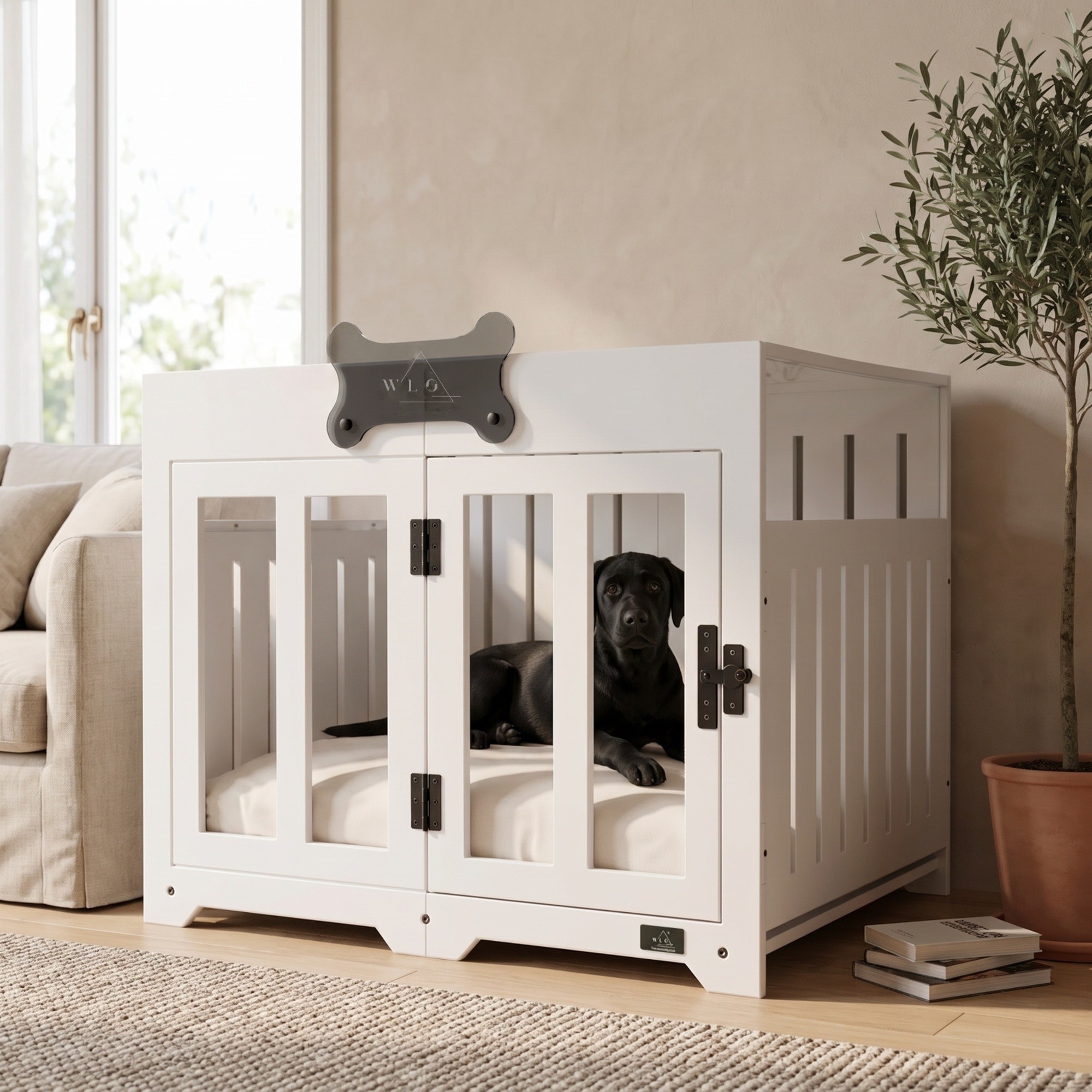 Pure White Pueblo furniture dog crate, front view