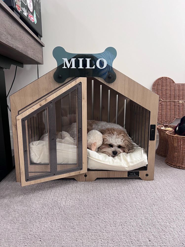 A customer’s Gabled dog house in Natural Oak, Size 1. Customer photo from a review, Mar 2026.