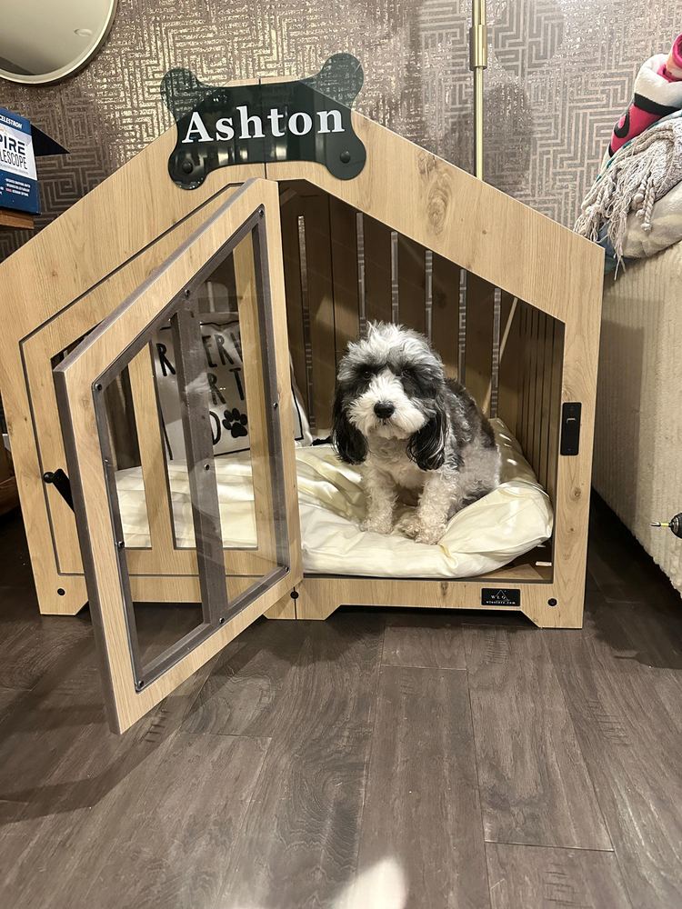 A customer’s Gabled dog house in Natural Oak, Size 1. Customer photo from a review, Mar 2026.