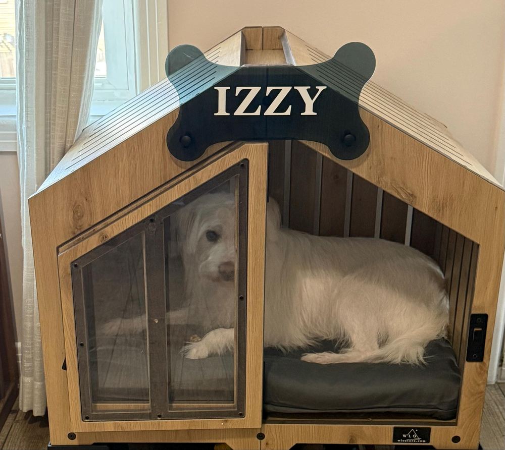 A customer’s Gabled dog house in Natural Oak, Size 1. Customer photo from a review, Jun 2026.