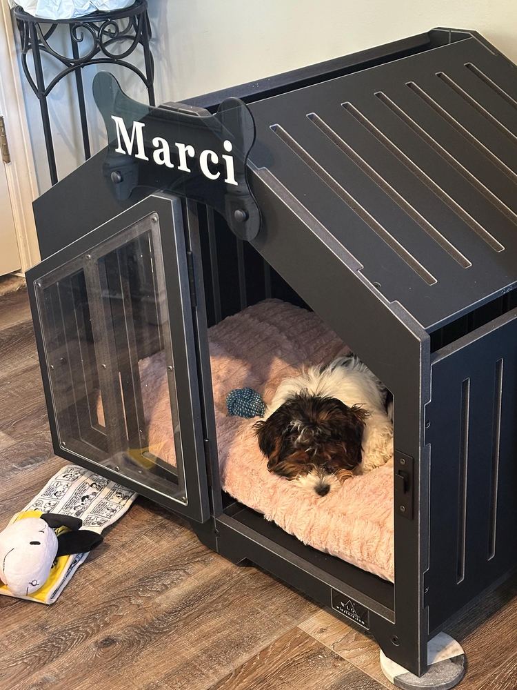 A customer’s Gabled dog house in Onyx Black, Size 1. Customer photo from a review, Mar 2026.