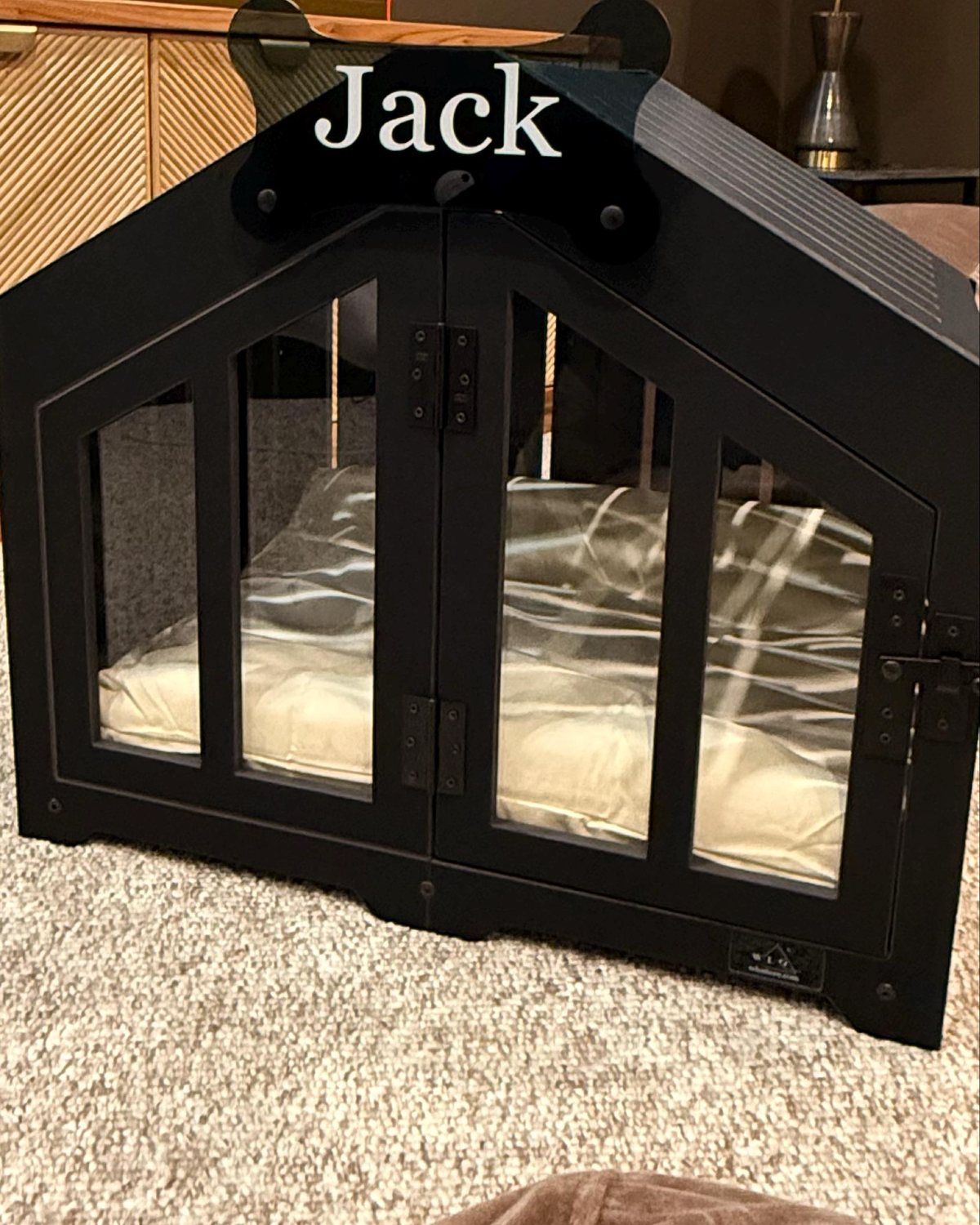 Jack, a dog in a Gabled dog house in Onyx Black. Customer photo from a review, Nov 2025.