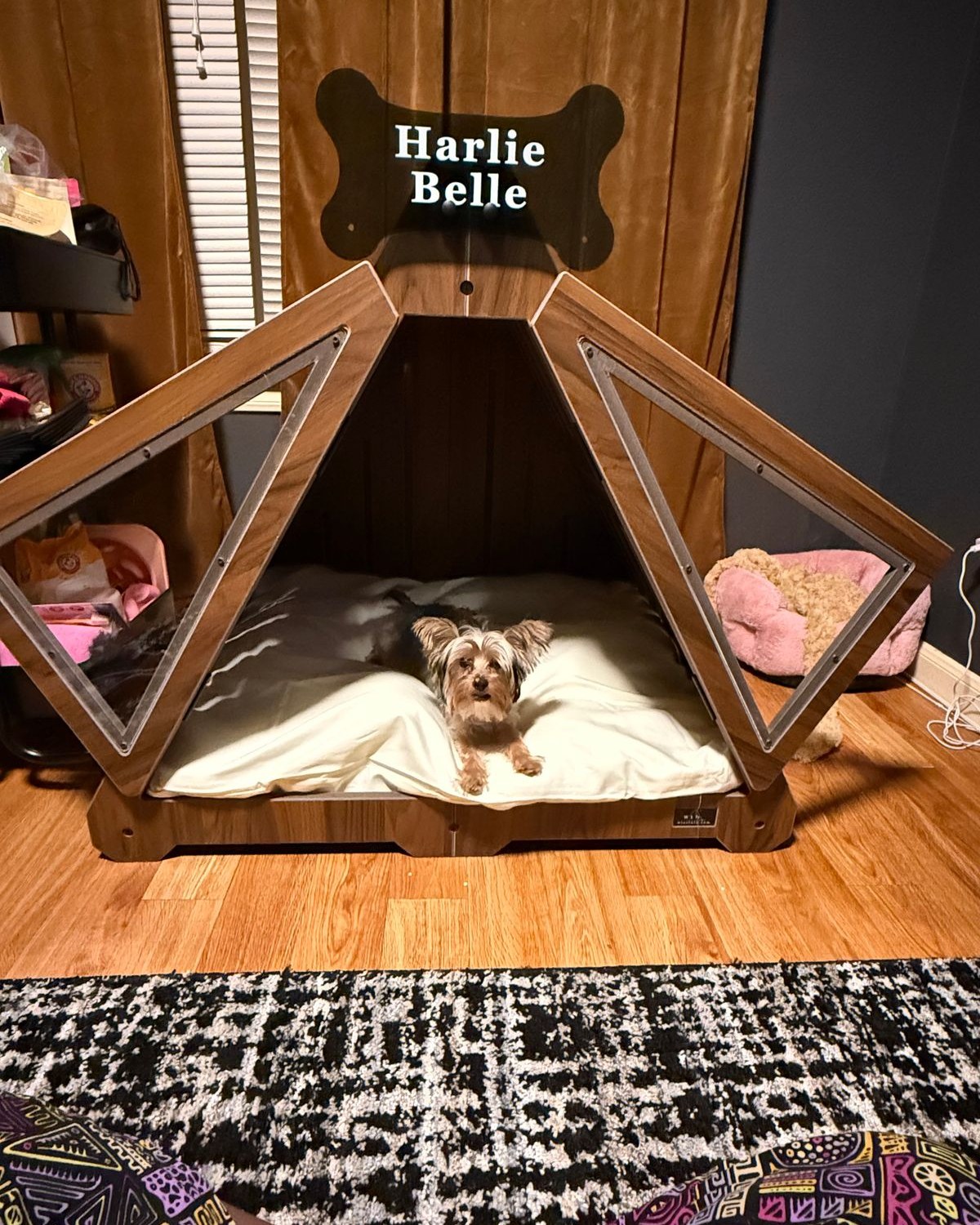 Harlie Belle, a dog in a Lakota dog house in Classic Walnut. Customer photo from a review, Mar 2026.